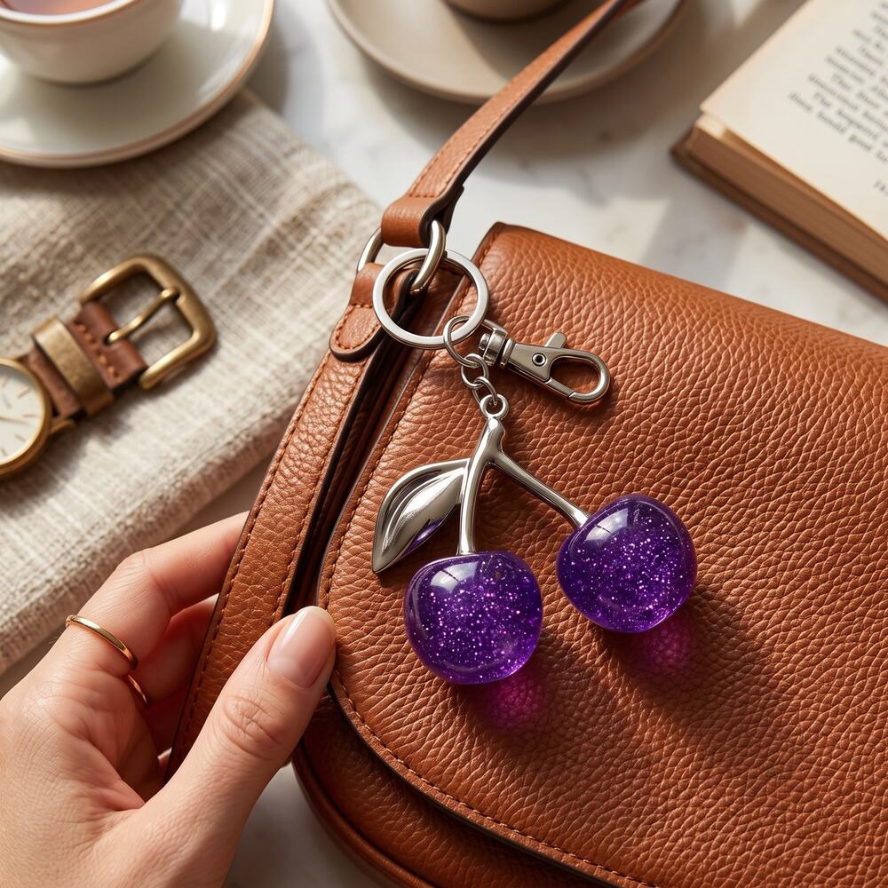 Purple Glitter Cherry Keychain Bag Charm Silver Tone Double Cherry